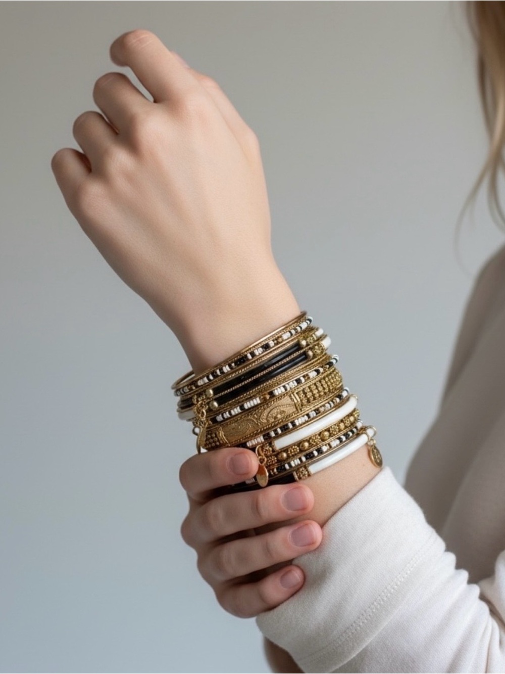 Stacked Gold and Black Beaded Women’s Bracelet Set